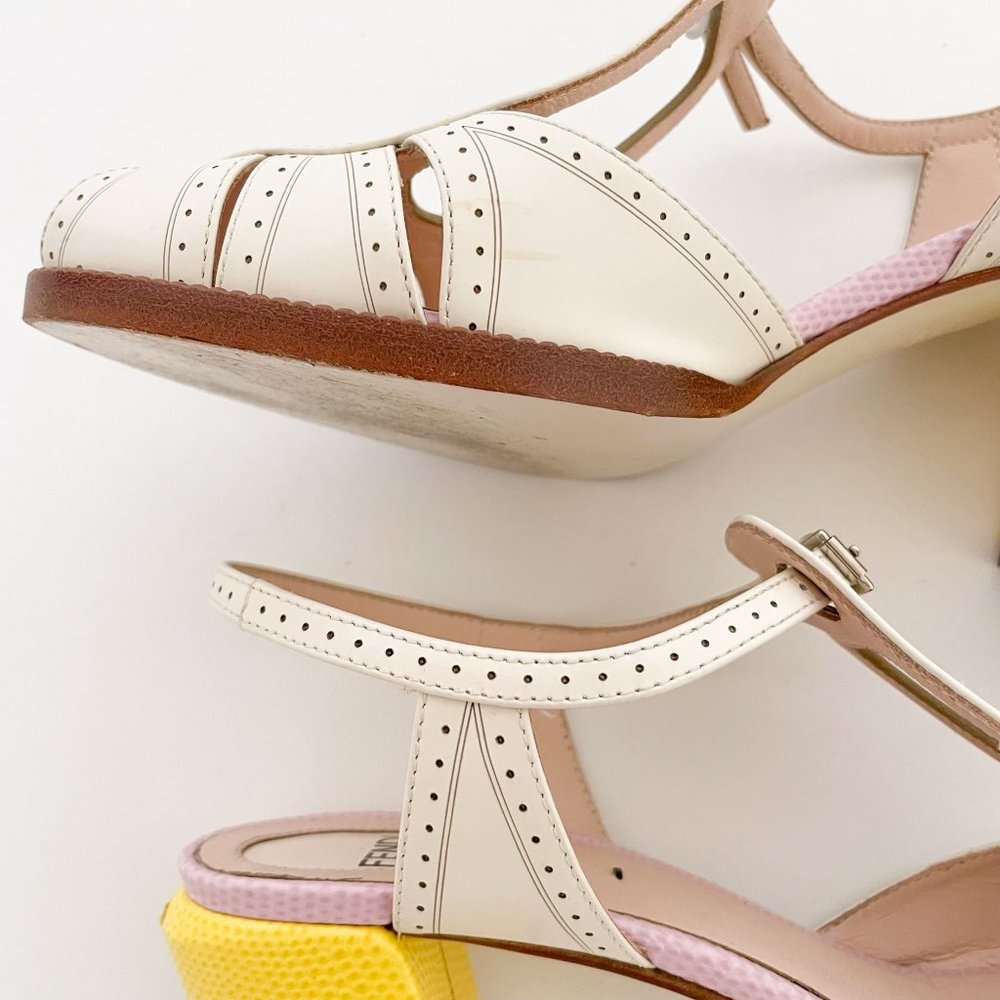 Fendi Chameleon Pumps EU 36 US 6 Cream Yellow Mary Jane Block Mid Heel Sandal - Picture 11 of 13